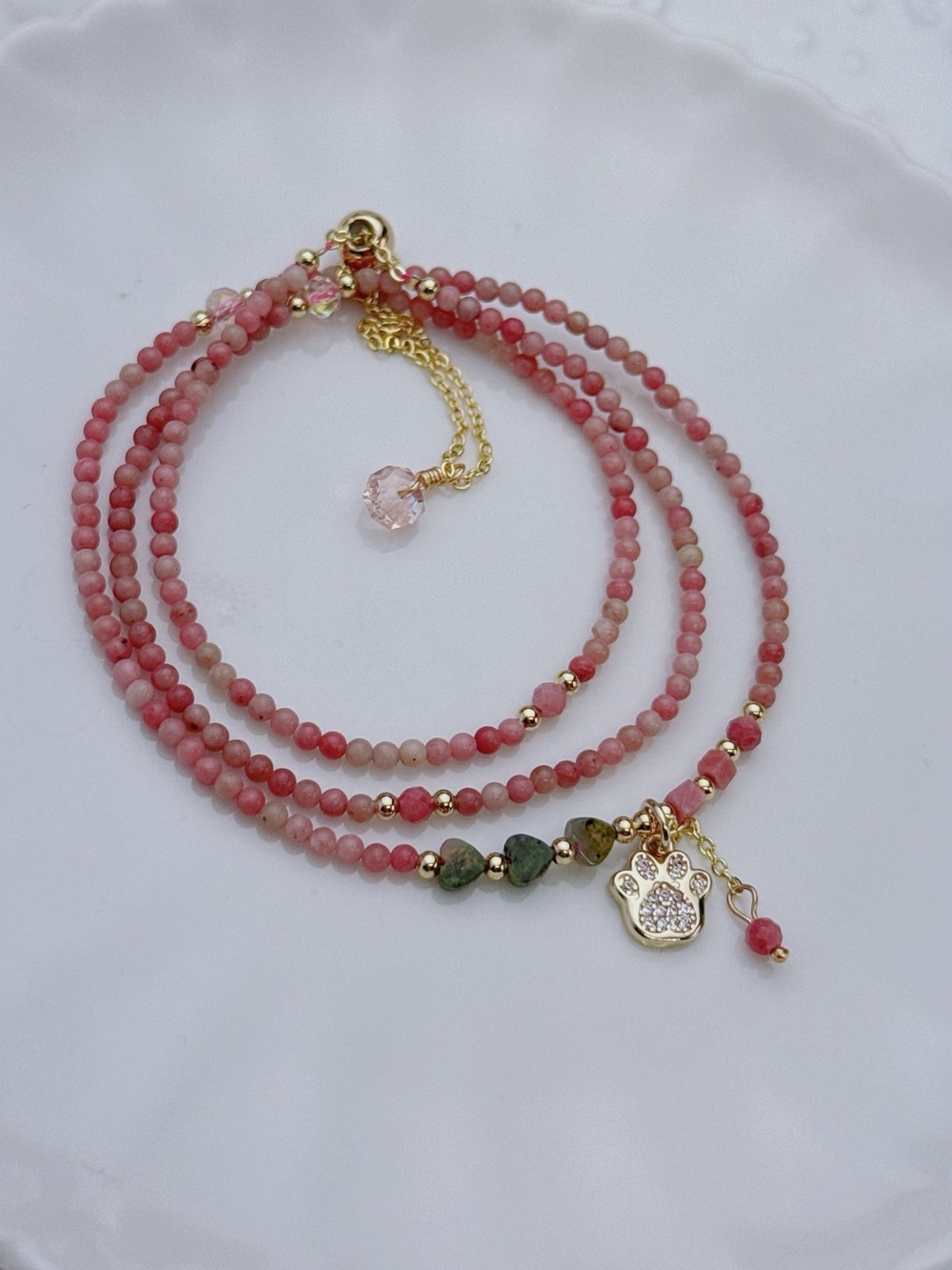 GB95 Handmade Pink Rhodonite Triple Layer Bracelet Necklace 2in1 20+5” - Picture 2 of 6